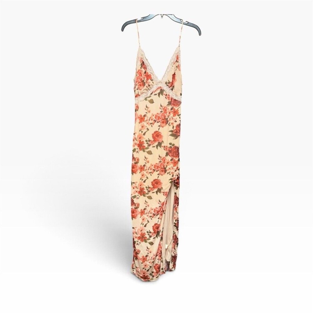VTG Jessica Simpson Floral Maxi Slip Dress Lace Trim Red Rose Coquette Y2K Large